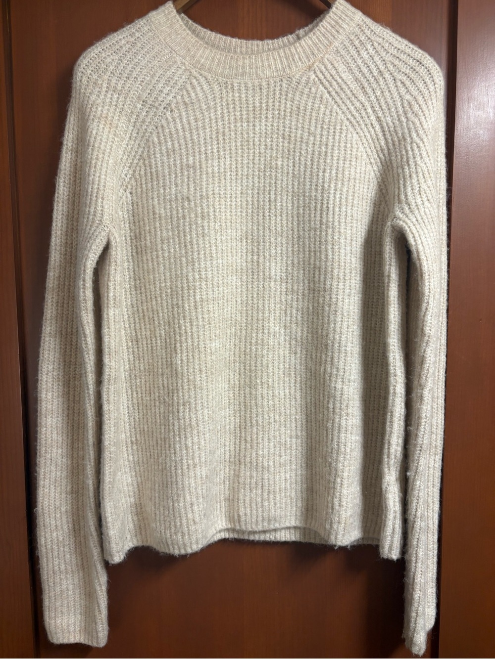 Evereve Womens Ribbed Knit Raglan Sleeve Crewneck Sweater Oatmeal Beige | Small